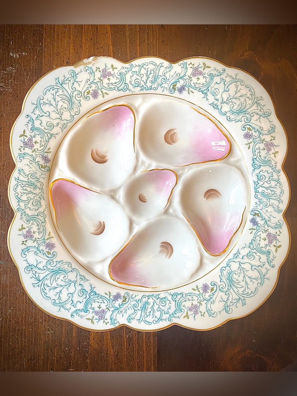 Antique Porcelain Oyster Plate Floral Scalloped Glossy Gold Pink Blue 4302